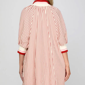 RED/WHT 1/2 SLEEVE HALF ZIP STRIPED MINI DRESS