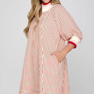 RED/WHT 1/2 SLEEVE HALF ZIP STRIPED MINI DRESS