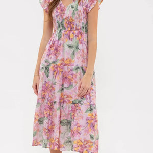 Pink multi floral pleated midi dress