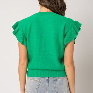 GREEN RUFFLE SLEEVE KNIT TOP