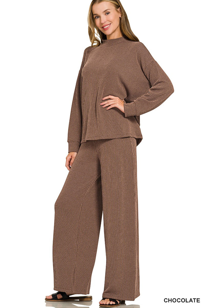 Brown Raised Rib Mock Neck Long Sleeve Tee & Pants Set