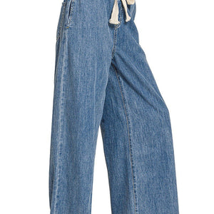 Wide Leg Drawstring Elastic Waistband Denim Pants