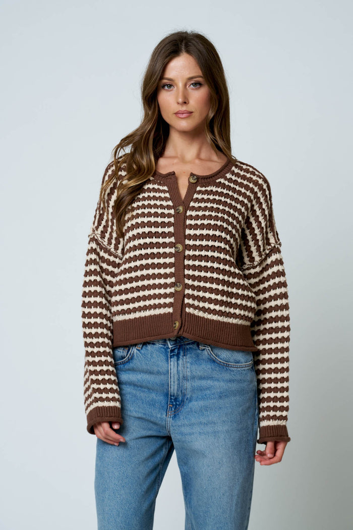 Brown Textured Stripe Crochet Knit Button Down Cardigan