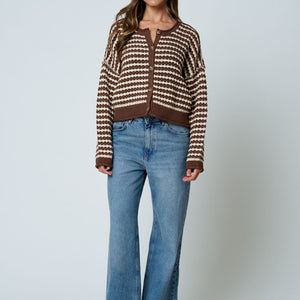 Brown Textured Stripe Crochet Knit Button Down Cardigan