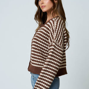 Brown Textured Stripe Crochet Knit Button Down Cardigan