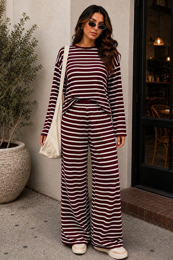 Wine Striped Lounge Top & Wide Leg Pant Set