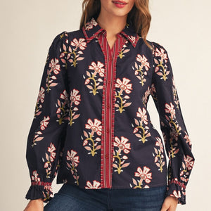 Navy Stripe Contrast Button Down Floral Top