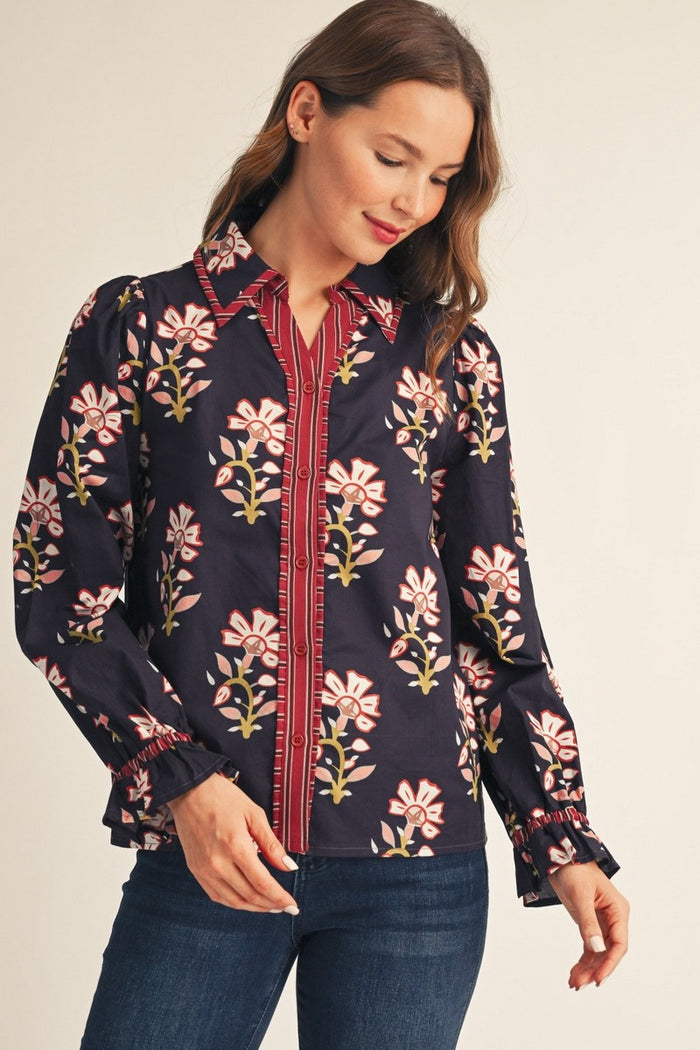 Navy Stripe Contrast Button Down Floral Top