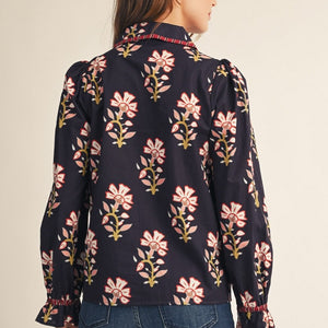 Navy Stripe Contrast Button Down Floral Top