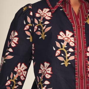 Navy Stripe Contrast Button Down Floral Top