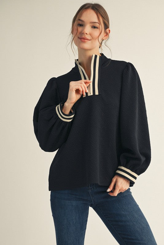 Black Textured Fabric Mock Neck Zip Up Top