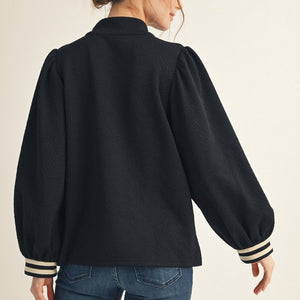 Black Textured Fabric Mock Neck Zip Up Top