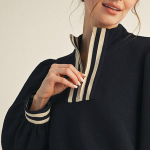Black Textured Fabric Mock Neck Zip Up Top
