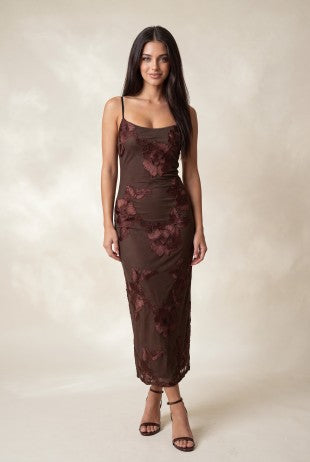 Brown Lace Floral Embroidery Maxi Dress