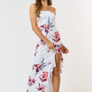 FLORAL PRINT ASYMMETRICAL RUFFLE TUBE MAXI DRESS