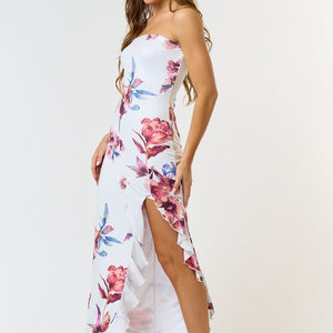 FLORAL PRINT ASYMMETRICAL RUFFLE TUBE MAXI DRESS