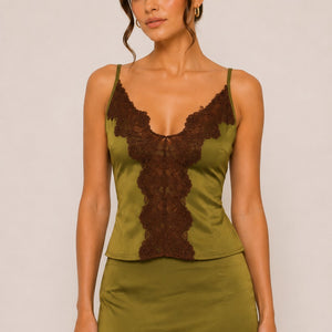 Olive Lace Trim Satin Skirt Set
