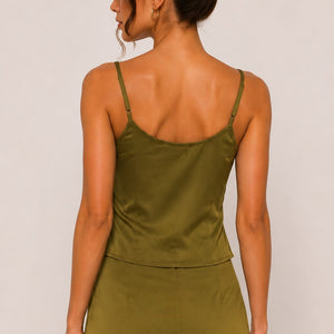 Olive Lace Trim Satin Skirt Set