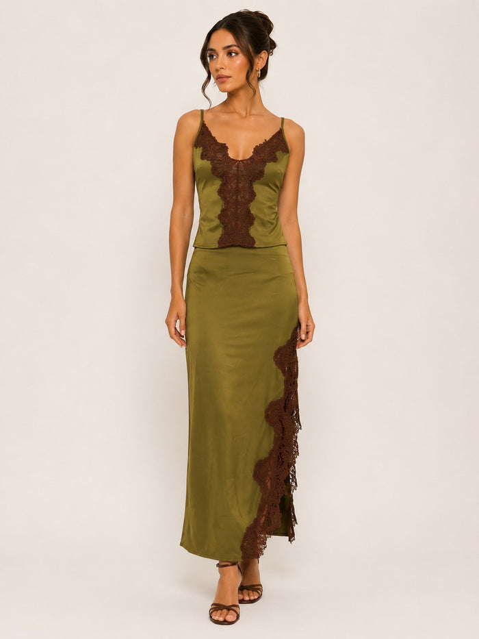 Olive Lace Trim Satin Skirt Set