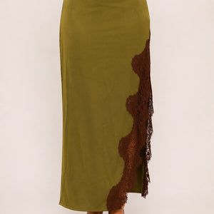 Olive Lace Trim Satin Skirt Set