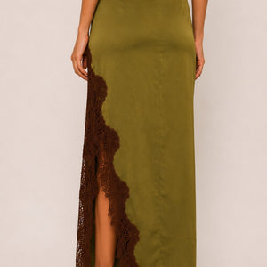 Olive Lace Trim Satin Skirt Set