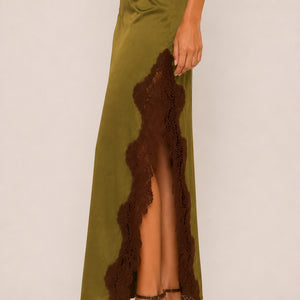 Olive Lace Trim Satin Skirt Set
