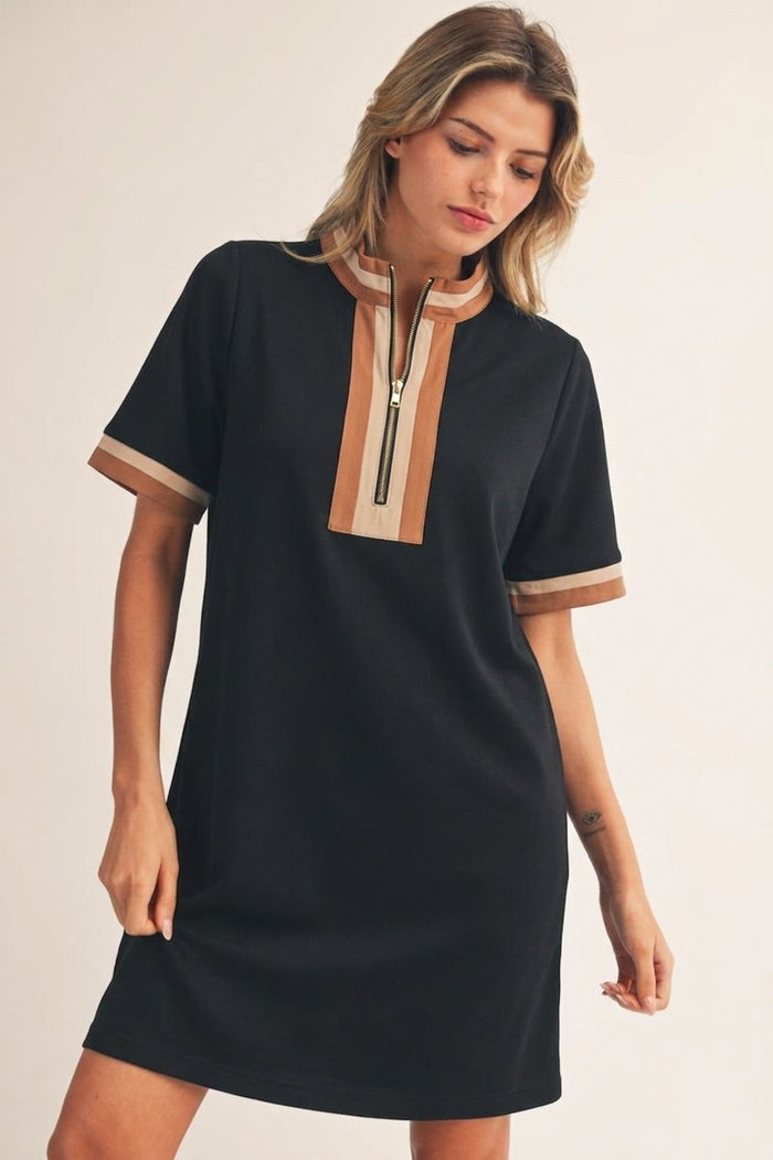 Black dress with tan trim