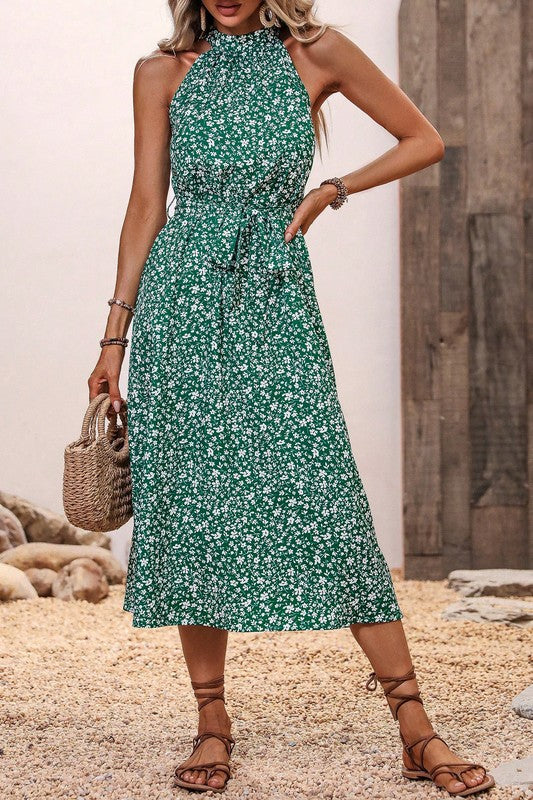 Green Floral Print Belted Halter Dress