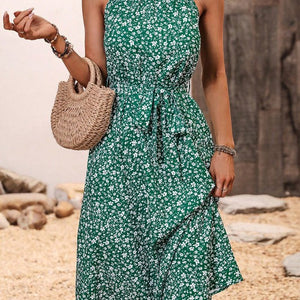 Green Floral Print Belted Halter Dress