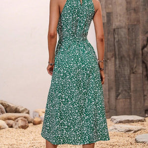 Green Floral Print Belted Halter Dress