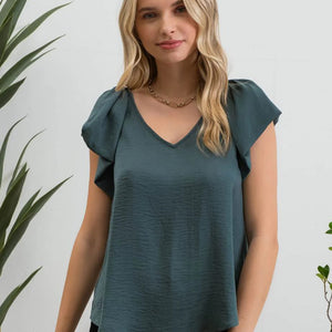 GREEN V NECK BALLOON SHORT SLEEVE BLOUSE