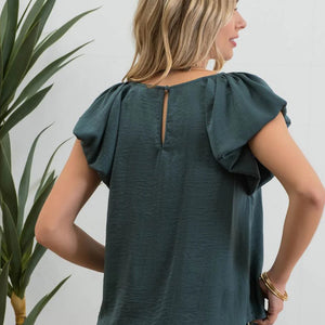 GREEN V NECK BALLOON SHORT SLEEVE BLOUSE