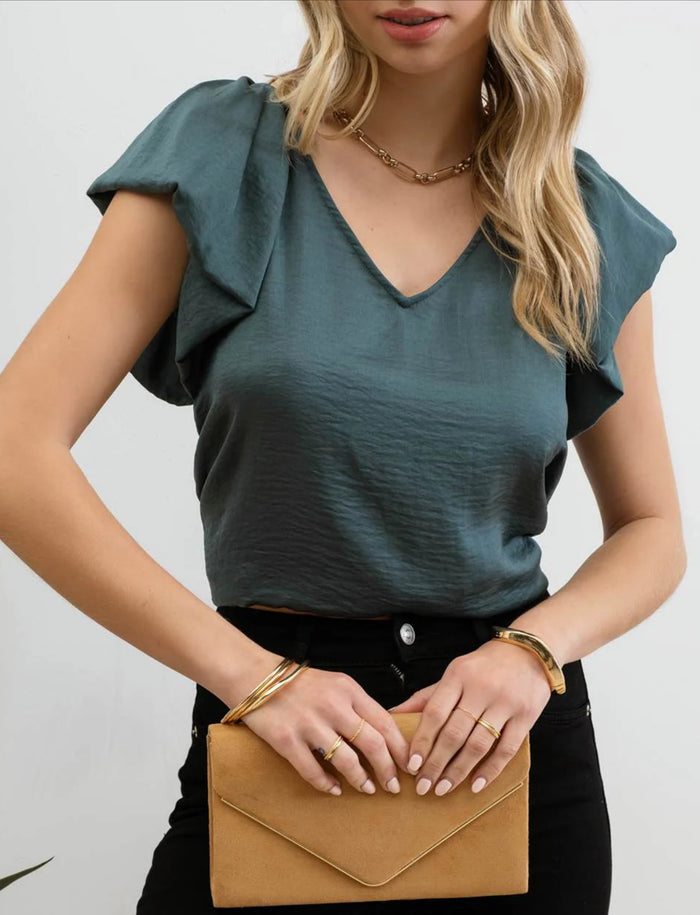 GREEN V NECK BALLOON SHORT SLEEVE BLOUSE