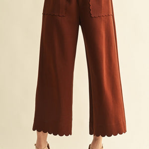 Brown Scallop Edge Solid Dressy Pants