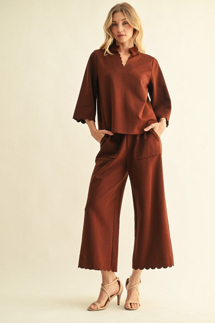 Brown Scallop Edge Solid Dressy Pants