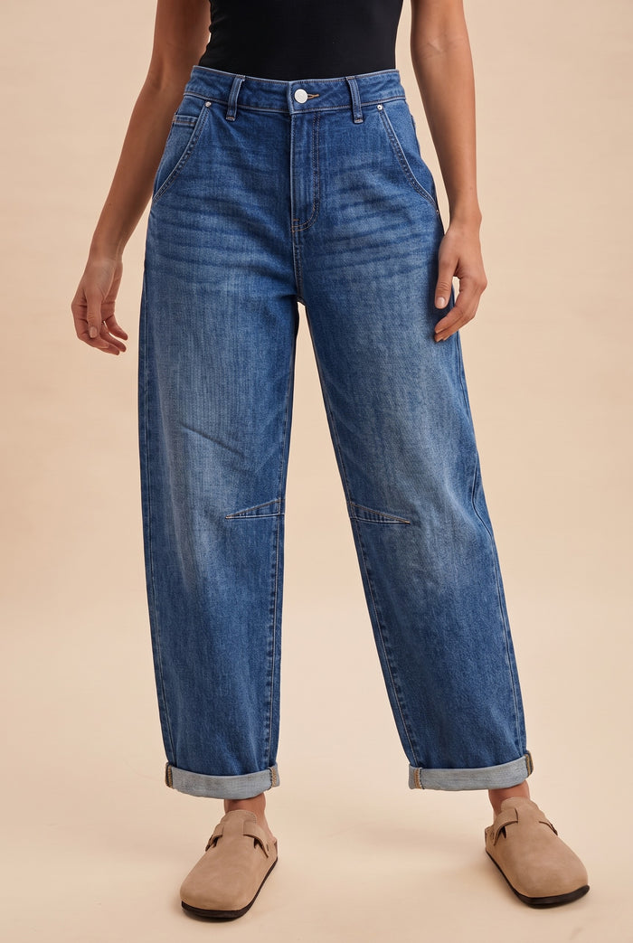 Stretch Denim Loose Fit Roll Up Barrel-leg Jean