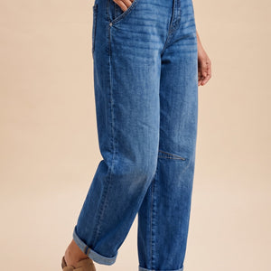 Stretch Denim Loose Fit Roll Up Barrel-leg Jean