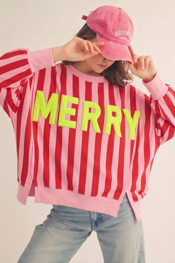 Merry Oversized Striped Sweatshirt Featuring Bold Neon Top