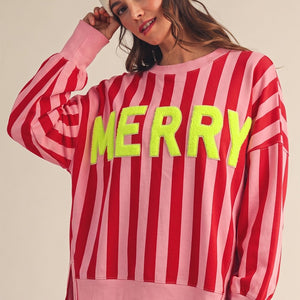 Merry Oversized Striped Sweatshirt Featuring Bold Neon Top