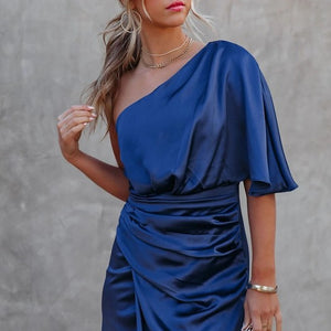 Blue Satin One Shoulder Midi Dress