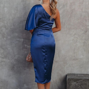 Blue Satin One Shoulder Midi Dress