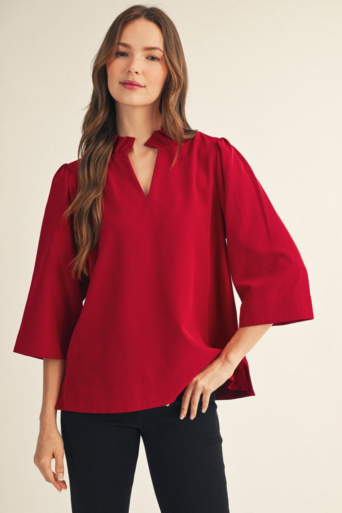 Red Ruffled Neck Crinkle Solid Top