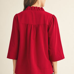 Red Ruffled Neck Crinkle Solid Top