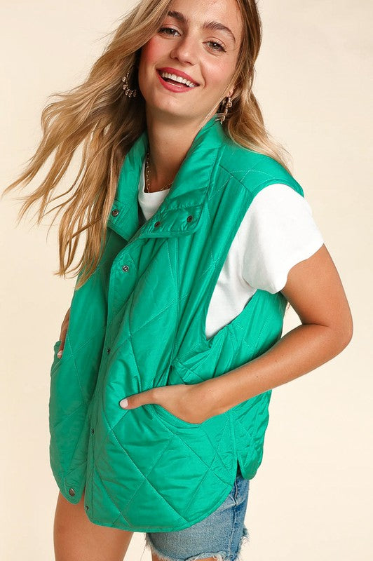 Mint snap button round hem quilted puffer vest