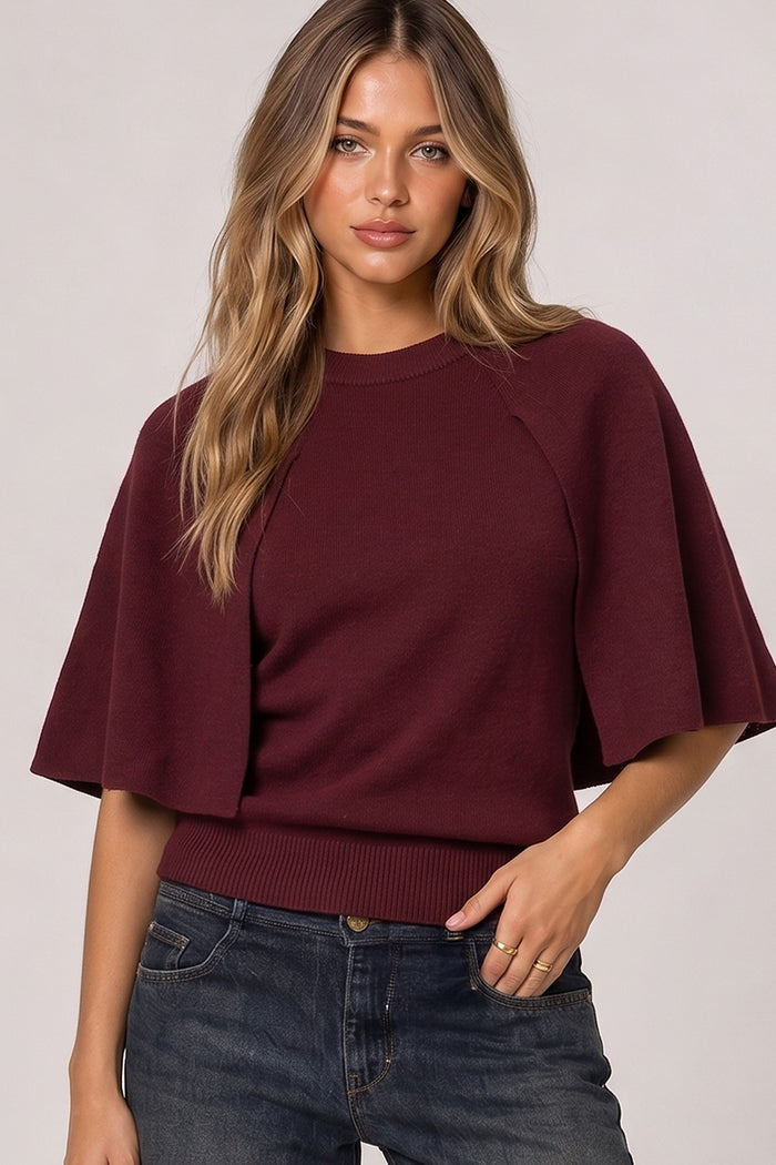 Burgundy Cape Sleeve Knit Top
