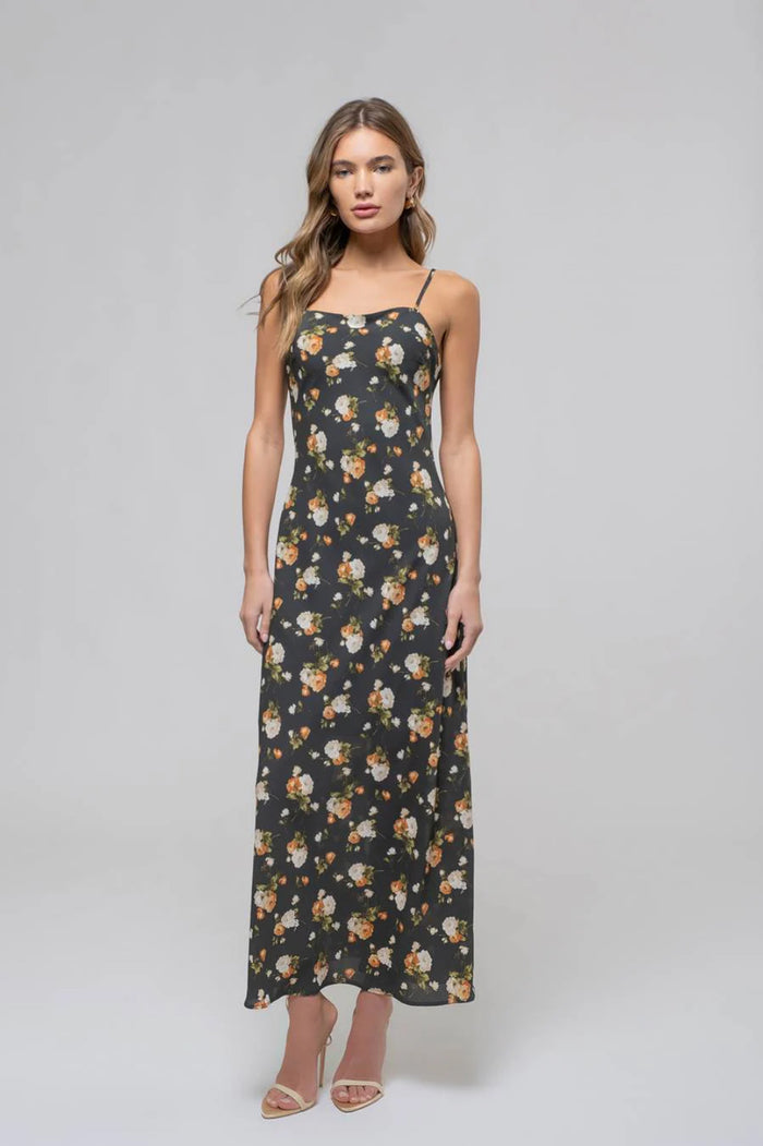 HUNTER GREEN FLORAL SWEETHEART NECK CAMI MIDI DRESS