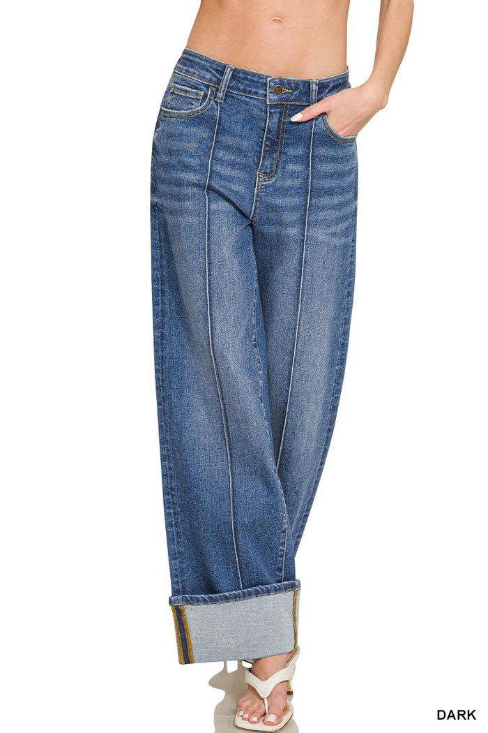 Cuffed Wide Leg Pintuck Denim