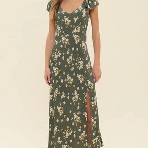 HUNTER GREEN FLORAL V NECK RUFFLE SLEEVE SIDE SLIT MIDI DRESS