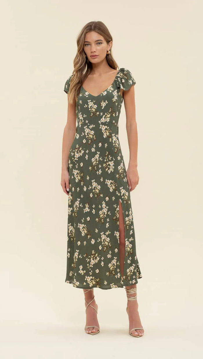 HUNTER GREEN FLORAL V NECK RUFFLE SLEEVE SIDE SLIT MIDI DRESS