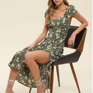 HUNTER GREEN FLORAL V NECK RUFFLE SLEEVE SIDE SLIT MIDI DRESS